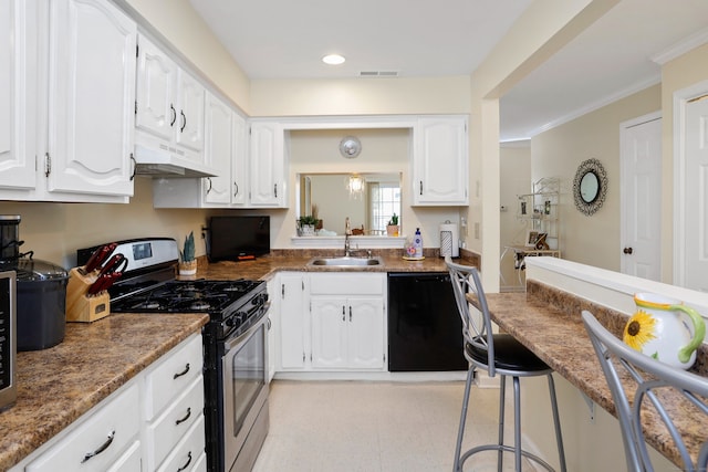 kitchen with visible vents, under cabinet range hood, a sink, gas range, and dishwasher