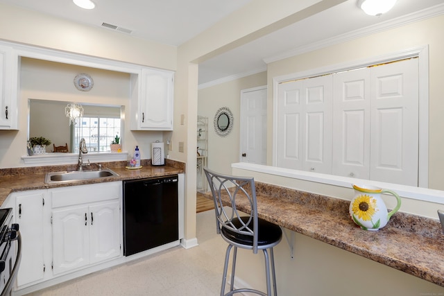 kitchen featuring visible vents, a sink, black dishwasher, white cabinetry, and crown molding