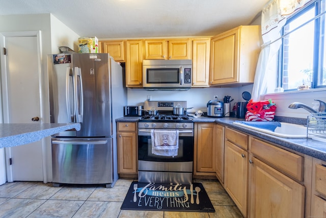 kitchen with dark countertops, appliances with stainless steel finishes, and a sink