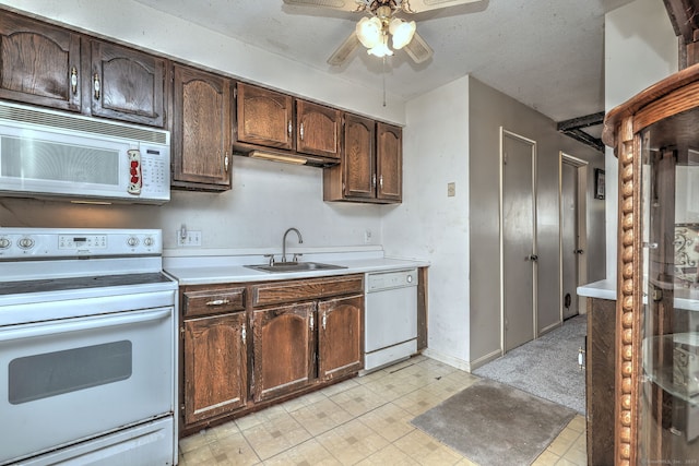 kitchen with ceiling fan, white appliances, light countertops, and a sink