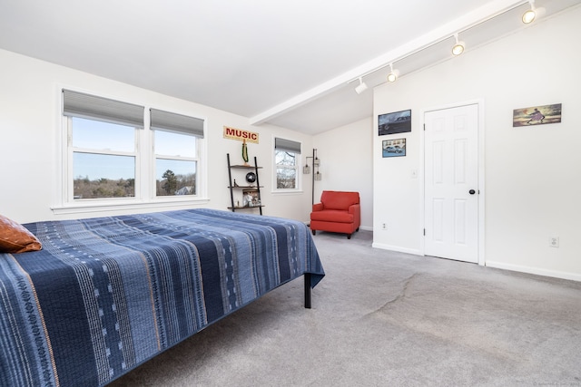 carpeted bedroom featuring baseboards, lofted ceiling, and rail lighting