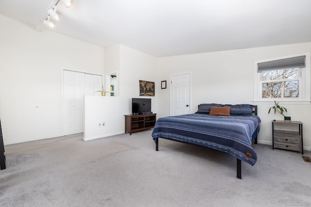 bedroom featuring rail lighting and carpet flooring