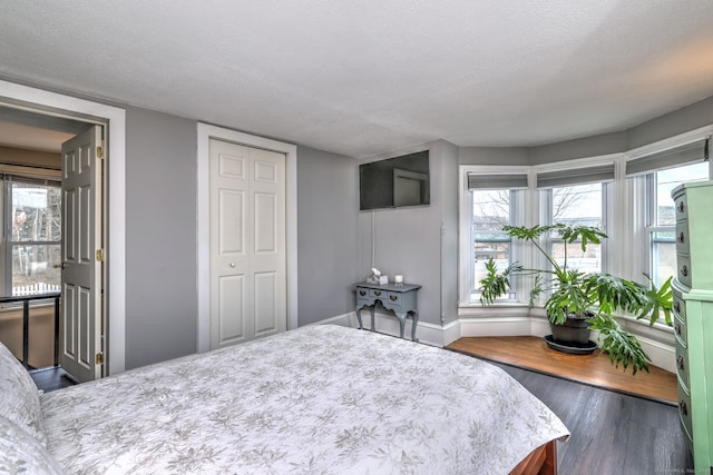 bedroom featuring wood finished floors, baseboards, a closet, and a textured ceiling