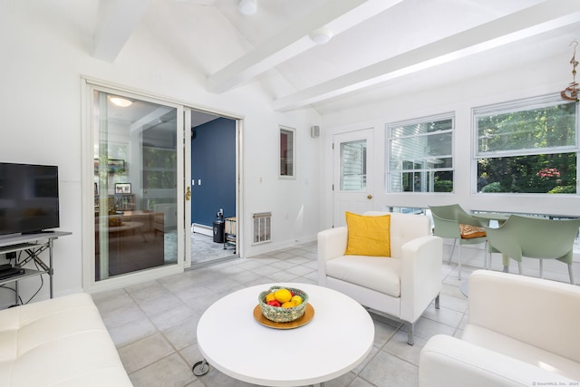 living room featuring a baseboard heating unit, vaulted ceiling with beams, baseboards, and light tile patterned floors