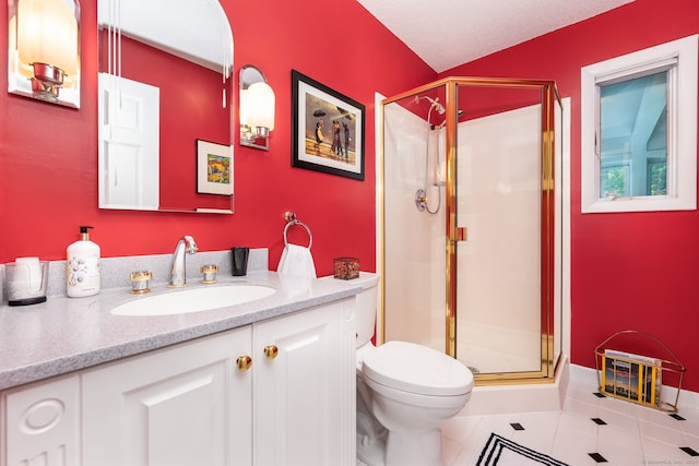 full bathroom with tile patterned floors, vanity, a shower stall, and toilet