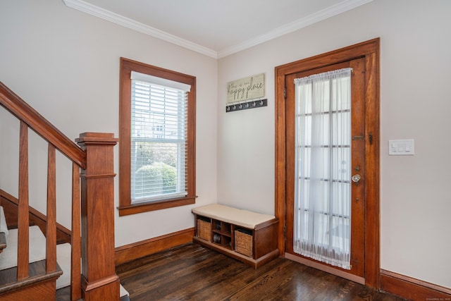 interior space featuring baseboards, dark wood-style floors, and ornamental molding