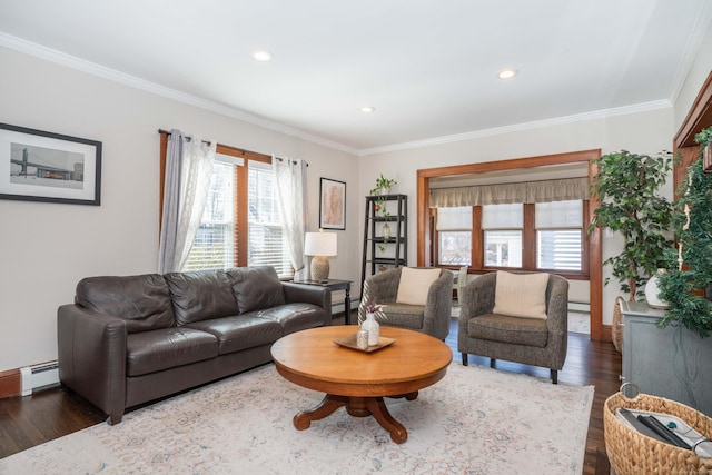 living room featuring ornamental molding, a baseboard heating unit, wood finished floors, recessed lighting, and baseboards