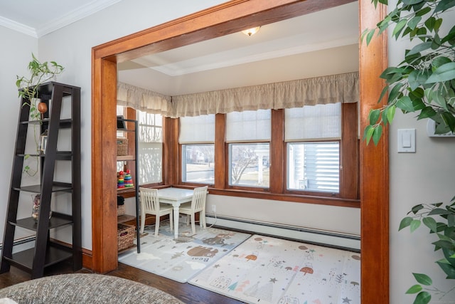 interior space with a baseboard heating unit, crown molding, wood finished floors, and a wealth of natural light