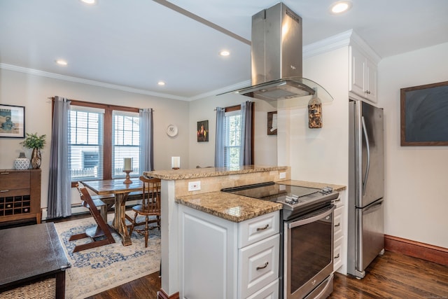 kitchen featuring dark wood-type flooring, crown molding, appliances with stainless steel finishes, island exhaust hood, and a peninsula