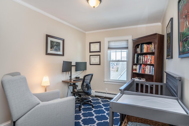 office space with a baseboard heating unit, baseboards, and ornamental molding