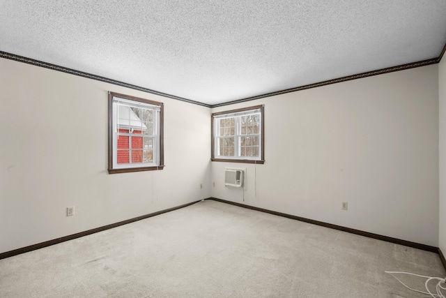 spare room with light carpet, a textured ceiling, and crown molding