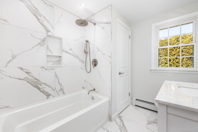 full bathroom featuring vanity, recessed lighting, bathtub / shower combination, marble finish floor, and baseboard heating