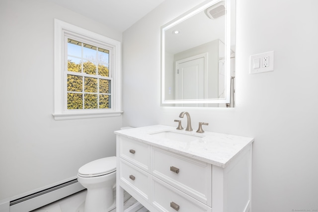 half bath featuring a baseboard heating unit, toilet, vanity, and visible vents