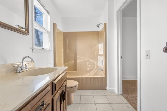 full bath with tile patterned flooring, shower / bathing tub combination, toilet, and vanity