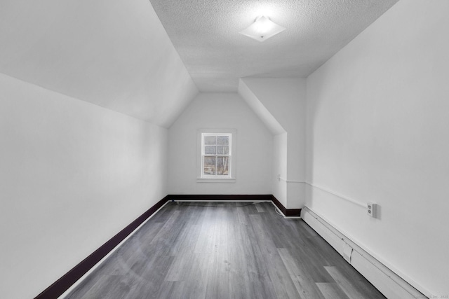 additional living space featuring wood finished floors, baseboards, lofted ceiling, a textured ceiling, and baseboard heating