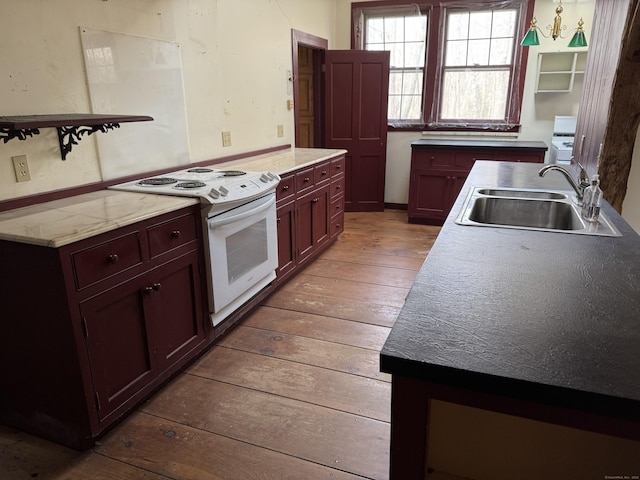 kitchen with a sink, electric range, open shelves, and hardwood / wood-style floors