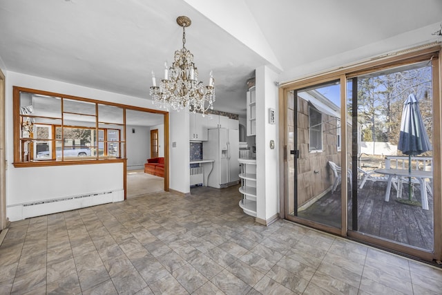 unfurnished dining area with vaulted ceiling, radiator heating unit, a chandelier, and a baseboard radiator