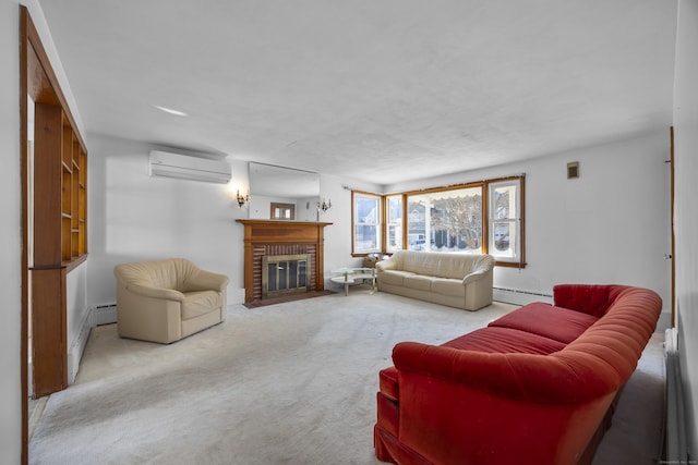 living room featuring a baseboard radiator, carpet floors, a brick fireplace, and a wall unit AC