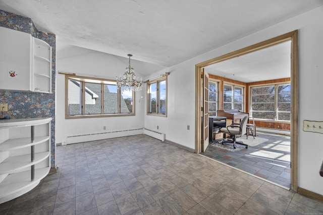 unfurnished dining area featuring baseboards, a baseboard radiator, an inviting chandelier, lofted ceiling, and a baseboard heating unit