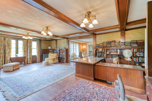 673 Spring St, Manchester, CT 06040 - office space featuring a chandelier, ornamental molding, beamed ceiling, wood finished floors, and french doors