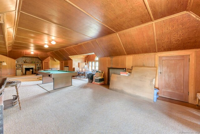 673 Spring St, Manchester, CT 06040 - recreation room with wood ceiling, carpet, wooden walls, billiards table, and vaulted ceiling