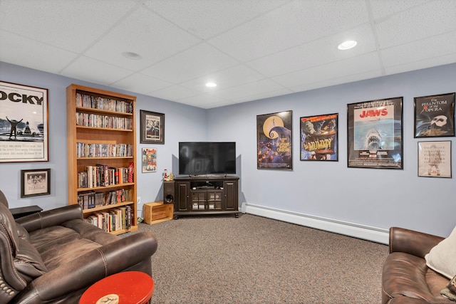 686 W Rd, Salem, CT 06420 - living room with a baseboard heating unit, a paneled ceiling, carpet flooring, and baseboards