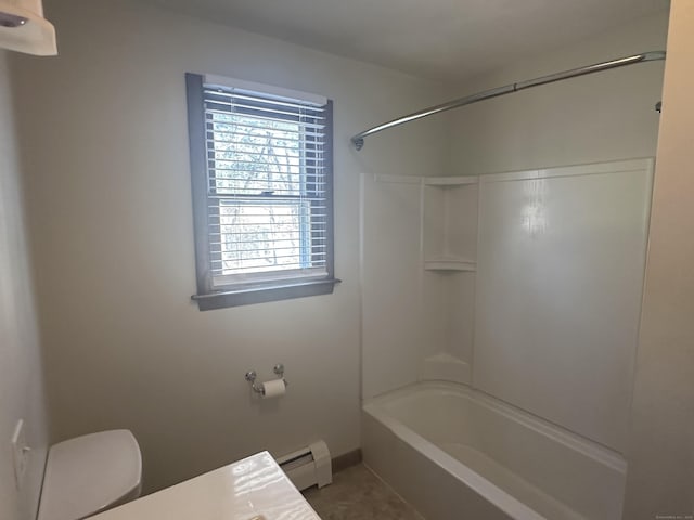 full bathroom featuring toilet, shower / bath combination, and a baseboard radiator