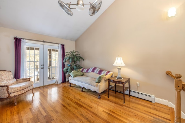 sitting room featuring wood finished floors, baseboards, high vaulted ceiling, french doors, and baseboard heating