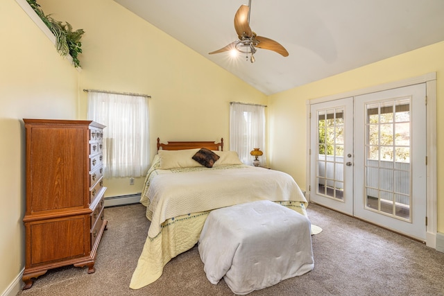 carpeted bedroom featuring high vaulted ceiling, a ceiling fan, access to outside, a baseboard heating unit, and french doors