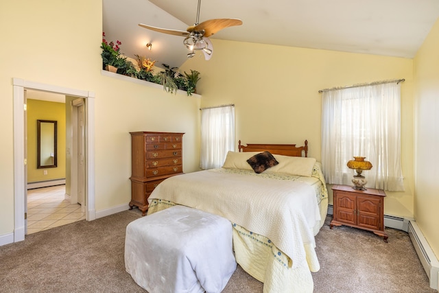 carpeted bedroom with tile patterned floors, baseboard heating, and high vaulted ceiling