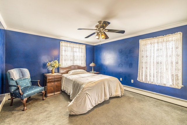 bedroom featuring crown molding, carpet flooring, a ceiling fan, and a baseboard radiator