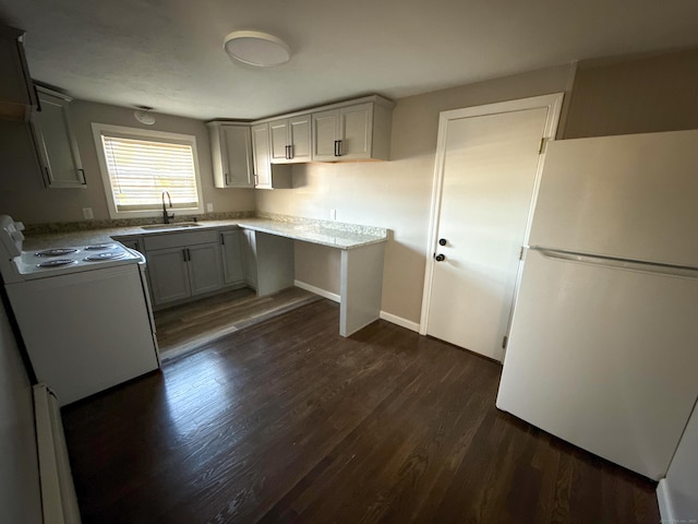 223 Rte 169, Woodstock, CT 06281 - kitchen with baseboards, dark wood finished floors, gray cabinets, white appliances, and a sink
