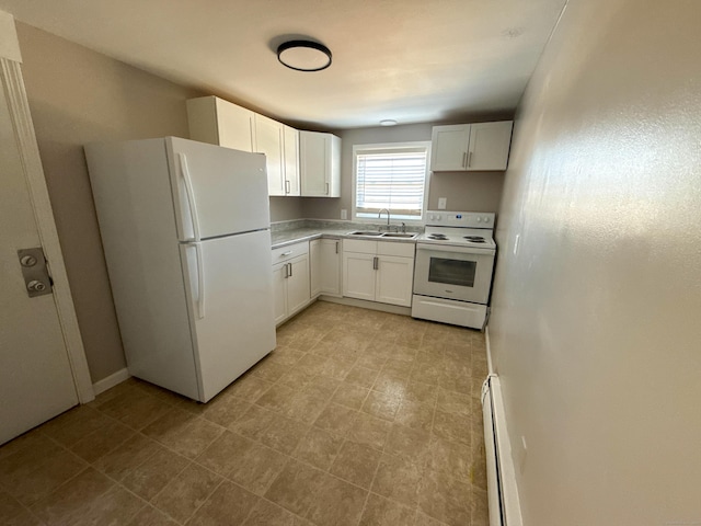 223 Rte 169, Woodstock, CT 06281 - kitchen featuring white appliances, a sink, light countertops, white cabinets, and a baseboard heating unit