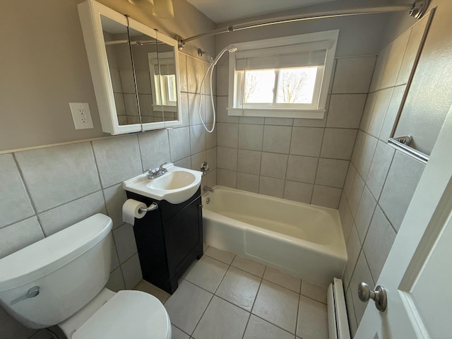 223 Rte 169, Woodstock, CT 06281 - full bathroom featuring toilet, tile walls, tile patterned flooring, baseboard heating, and vanity