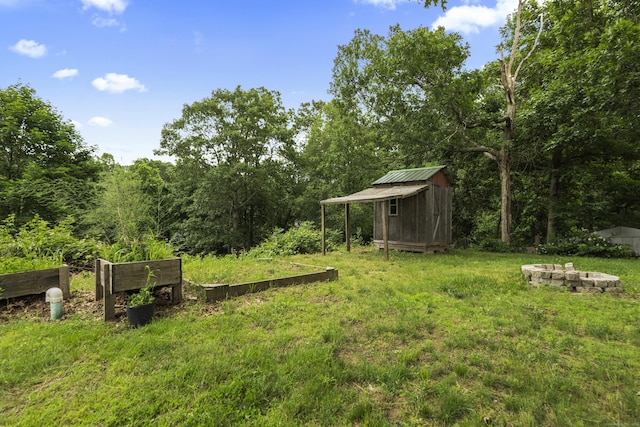 26 Oconnell Rd, East Haddam, CT 06423 - view of green lawn with a fire pit, a vegetable garden, and a view of trees