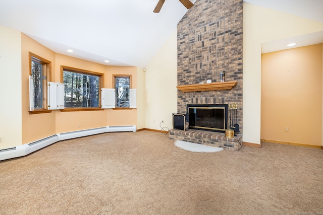 unfurnished living room featuring high vaulted ceiling, recessed lighting, carpet, baseboards, and a brick fireplace