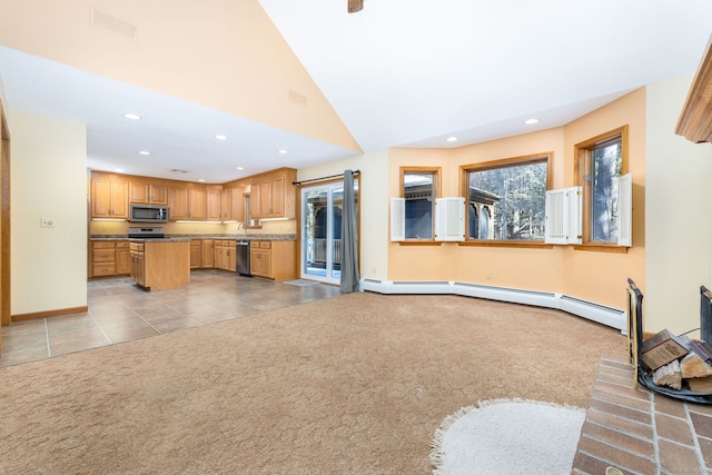 unfurnished living room with baseboards, light carpet, baseboard heating, recessed lighting, and high vaulted ceiling