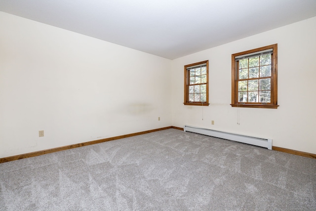 unfurnished room featuring carpet flooring, baseboards, and baseboard heating