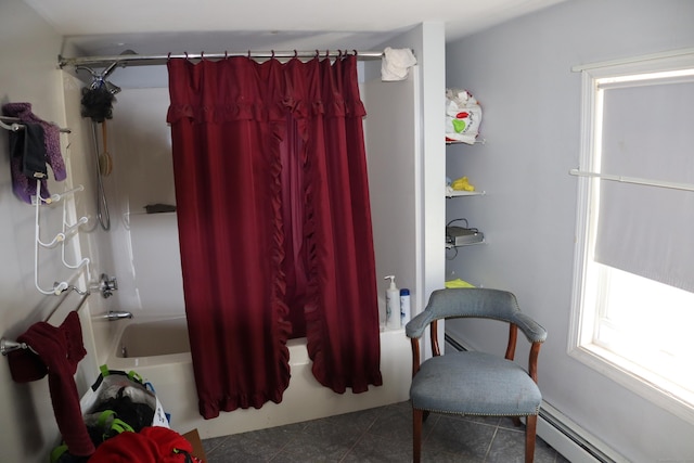 interior space featuring tile patterned flooring, shower / bath combination with curtain, and a baseboard radiator