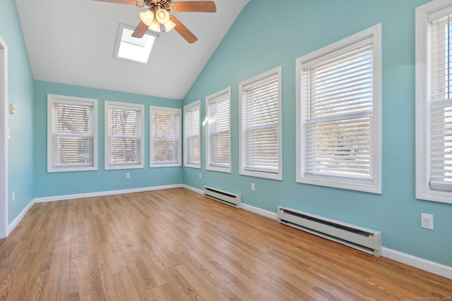 empty room featuring ceiling fan, wood finished floors, baseboards, and a baseboard radiator