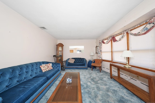 living area with visible vents, baseboard heating, and carpet