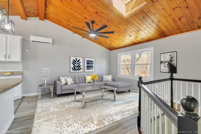 living room featuring light wood-style floors, an AC wall unit, a skylight, and wooden ceiling