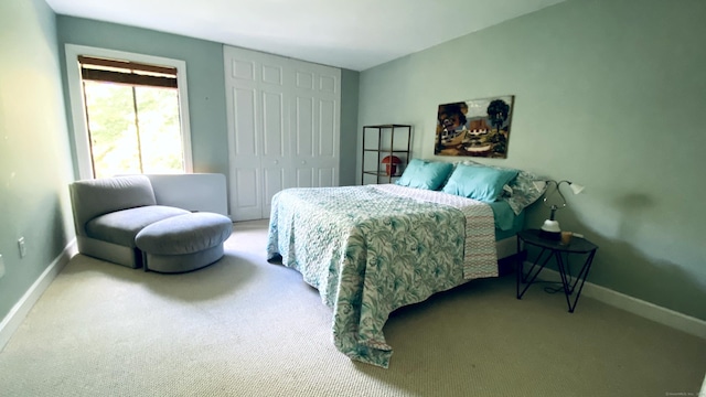 bedroom featuring a closet, baseboards, and carpet floors