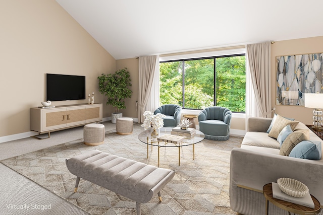 carpeted living area featuring high vaulted ceiling and baseboards
