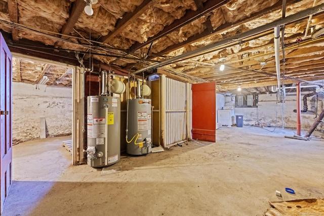 unfinished basement featuring electric panel and water heater