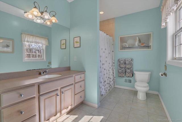 full bathroom with visible vents, toilet, tile patterned flooring, a chandelier, and vanity