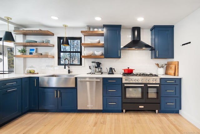 kitchen with double oven range, dishwasher, wall chimney range hood, and open shelves