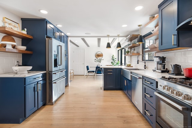 kitchen featuring a sink, stainless steel appliances, blue cabinets, and open shelves