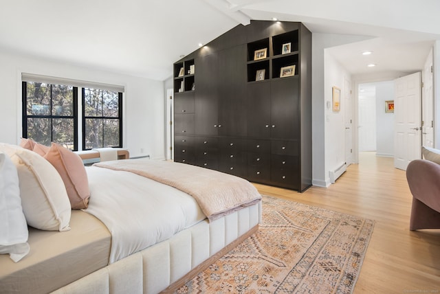 bedroom with vaulted ceiling with beams, baseboards, recessed lighting, light wood-style flooring, and a baseboard radiator