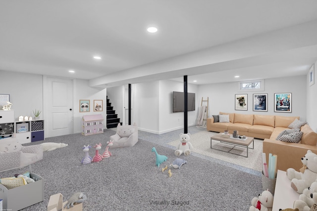 carpeted living room featuring recessed lighting, stairway, and baseboards